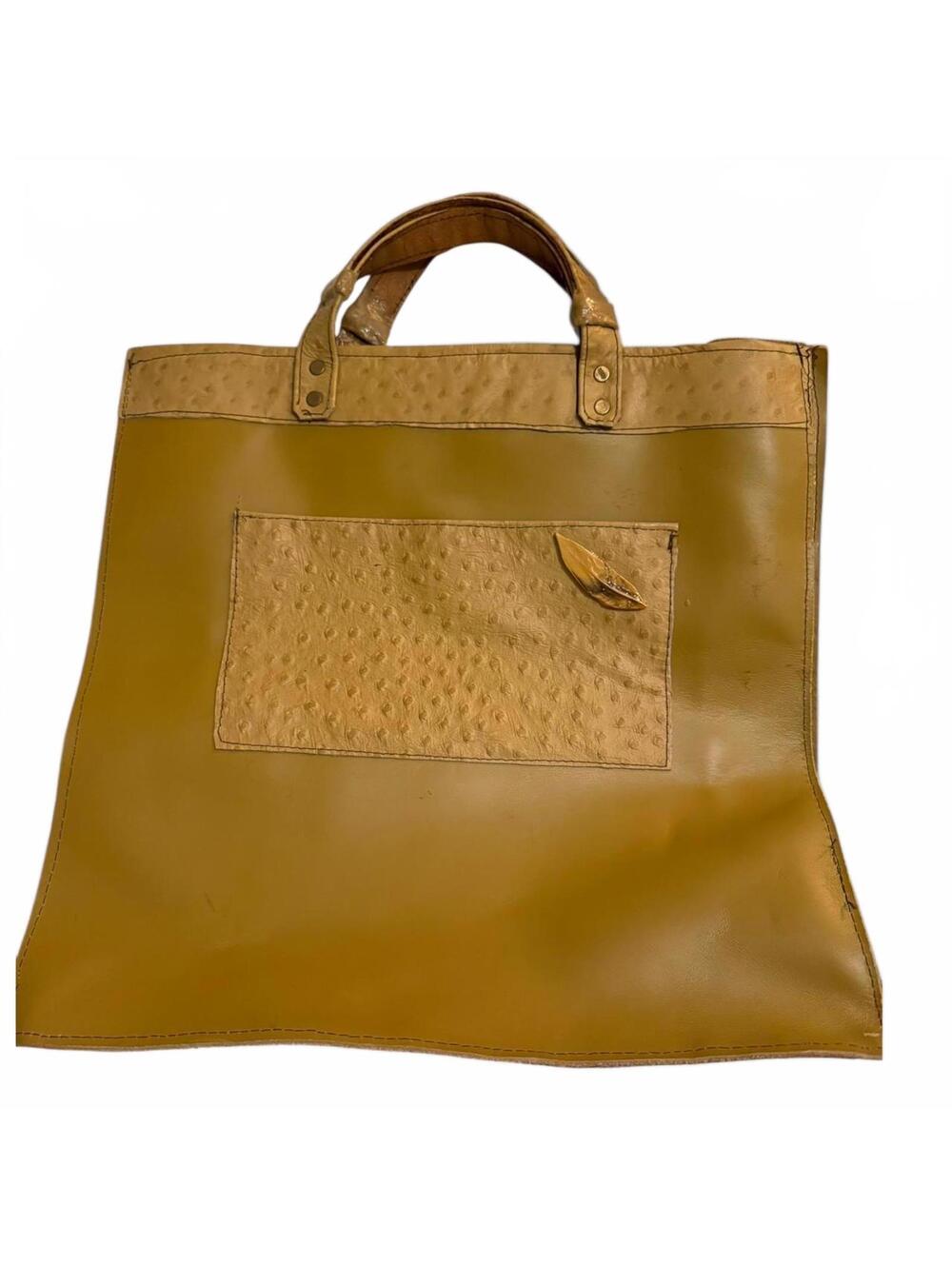 Tan Leather Tote Bag with Ostrich Texture Accents